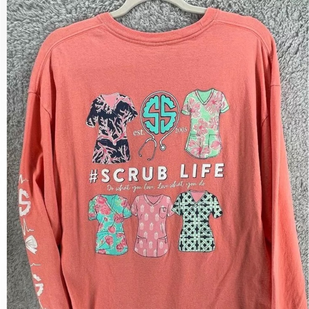 Simply Southern Scrub Life Shirt Womens XL L/S Coral Nursing Medical Tech CNA